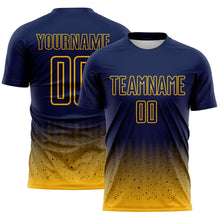 Laden Sie das Bild in den Galerie-Viewer, Custom Navy-Gold Fade Wave Lines Splatter Sublimation Soccer Uniform Jersey