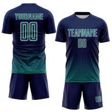 Laden Sie das Bild in den Galerie-Viewer, Custom Navy Teal-White Fade Wave Lines Splatter Sublimation Soccer Uniform Jersey