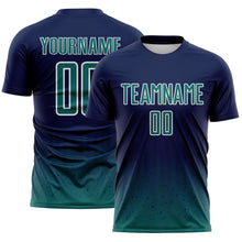 Laden Sie das Bild in den Galerie-Viewer, Custom Navy Teal-White Fade Wave Lines Splatter Sublimation Soccer Uniform Jersey