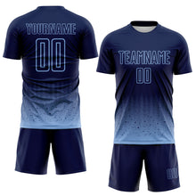 Laden Sie das Bild in den Galerie-Viewer, Custom Navy-Light Blue Fade Wave Lines Splatter Sublimation Soccer Uniform Jersey