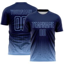 Laden Sie das Bild in den Galerie-Viewer, Custom Navy-Light Blue Fade Wave Lines Splatter Sublimation Soccer Uniform Jersey
