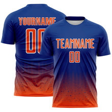Laden Sie das Bild in den Galerie-Viewer, Custom Royal Orange-White Fade Wave Lines Splatter Sublimation Soccer Uniform Jersey
