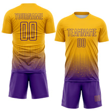 Laden Sie das Bild in den Galerie-Viewer, Custom Gold-Purple Fade Wave Lines Splatter Sublimation Soccer Uniform Jersey