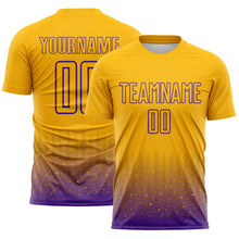 Laden Sie das Bild in den Galerie-Viewer, Custom Gold-Purple Fade Wave Lines Splatter Sublimation Soccer Uniform Jersey