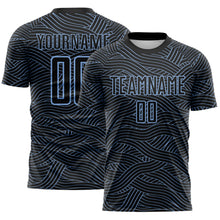 Laden Sie das Bild in den Galerie-Viewer, Custom Black-Light Blue Abstract Wave Lines Interlocking Sublimation Soccer Uniform Jersey