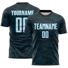 Laden Sie das Bild in den Galerie-Viewer, Custom Black White-Sky Blue Abstract Wave Lines Interlocking Sublimation Soccer Uniform Jersey