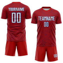 Laden Sie das Bild in den Galerie-Viewer, Custom Red White-Royal Abstract Wave Lines Interlocking Sublimation Soccer Uniform Jersey