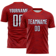 Laden Sie das Bild in den Galerie-Viewer, Custom Red White-Navy Abstract Wave Lines Interlocking Sublimation Soccer Uniform Jersey