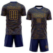 Laden Sie das Bild in den Galerie-Viewer, Custom Navy-Gold Abstract Wave Lines Interlocking Sublimation Soccer Uniform Jersey
