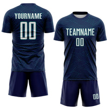 Laden Sie das Bild in den Galerie-Viewer, Custom Navy White-Teal Abstract Wave Lines Interlocking Sublimation Soccer Uniform Jersey