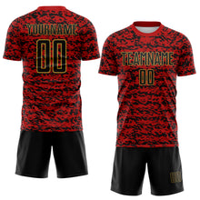 Laden Sie das Bild in den Galerie-Viewer, Custom Red Black-Old Gold Geometric Fragment Splatter Sublimation Soccer Uniform Jersey