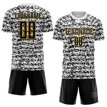 Laden Sie das Bild in den Galerie-Viewer, Custom White Black-Old Gold Geometric Fragment Splatter Sublimation Soccer Uniform Jersey