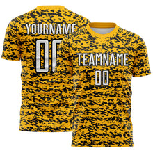 Laden Sie das Bild in den Galerie-Viewer, Custom Gold White-Black Geometric Fragment Splatter Sublimation Soccer Uniform Jersey