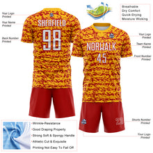 Laden Sie das Bild in den Galerie-Viewer, Custom Gold White-Red Geometric Fragment Splatter Sublimation Soccer Uniform Jersey