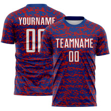 Laden Sie das Bild in den Galerie-Viewer, Custom Royal White-Red Geometric Fragment Splatter Sublimation Soccer Uniform Jersey