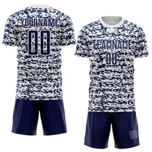 Laden Sie das Bild in den Galerie-Viewer, Custom White-Navy Geometric Fragment Splatter Sublimation Soccer Uniform Jersey