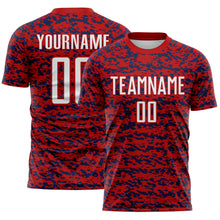 Laden Sie das Bild in den Galerie-Viewer, Custom Red White-Navy Geometric Fragment Splatter Sublimation Soccer Uniform Jersey