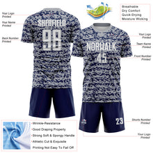 Laden Sie das Bild in den Galerie-Viewer, Custom Gray White-Navy Geometric Fragment Splatter Sublimation Soccer Uniform Jersey