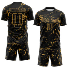 Загрузить изображение в средство просмотра галереи, Custom Black-Old Gold Abstract Fluid Marble Sublimation Soccer Uniform Jersey