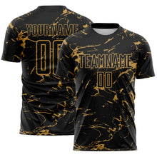 Загрузить изображение в средство просмотра галереи, Custom Black-Old Gold Abstract Fluid Marble Sublimation Soccer Uniform Jersey