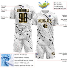 Загрузить изображение в средство просмотра галереи, Custom White Black Gray-Old Gold Brush Stroke Slashes And Dot Grid Sublimation Soccer Uniform Jersey