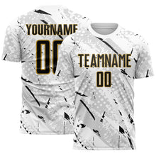 Загрузить изображение в средство просмотра галереи, Custom White Black Gray-Old Gold Brush Stroke Slashes And Dot Grid Sublimation Soccer Uniform Jersey
