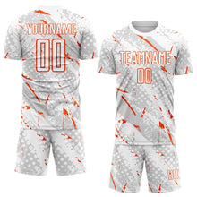 Laden Sie das Bild in den Galerie-Viewer, Custom White Orange-Gray Brush Stroke Slashes And Dot Grid Sublimation Soccer Uniform Jersey