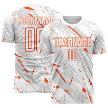 Laden Sie das Bild in den Galerie-Viewer, Custom White Orange-Gray Brush Stroke Slashes And Dot Grid Sublimation Soccer Uniform Jersey
