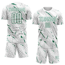 Laden Sie das Bild in den Galerie-Viewer, Custom White Kelly Green-Gray Brush Stroke Slashes And Dot Grid Sublimation Soccer Uniform Jersey