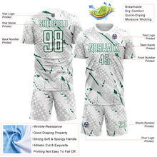 Laden Sie das Bild in den Galerie-Viewer, Custom White Kelly Green-Gray Brush Stroke Slashes And Dot Grid Sublimation Soccer Uniform Jersey