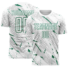 Laden Sie das Bild in den Galerie-Viewer, Custom White Kelly Green-Gray Brush Stroke Slashes And Dot Grid Sublimation Soccer Uniform Jersey