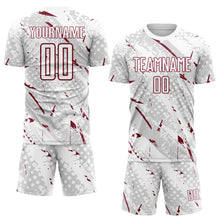 Laden Sie das Bild in den Galerie-Viewer, Custom White Crimson-Gray Brush Stroke Slashes And Dot Grid Sublimation Soccer Uniform Jersey