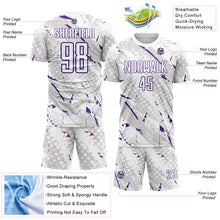 Laden Sie das Bild in den Galerie-Viewer, Custom White Purple-Gray Brush Stroke Slashes And Dot Grid Sublimation Soccer Uniform Jersey