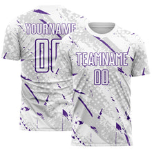 Laden Sie das Bild in den Galerie-Viewer, Custom White Purple-Gray Brush Stroke Slashes And Dot Grid Sublimation Soccer Uniform Jersey
