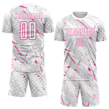 Laden Sie das Bild in den Galerie-Viewer, Custom White Pink-Gray Brush Stroke Slashes And Dot Grid Sublimation Soccer Uniform Jersey