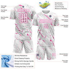 Laden Sie das Bild in den Galerie-Viewer, Custom White Pink-Gray Brush Stroke Slashes And Dot Grid Sublimation Soccer Uniform Jersey