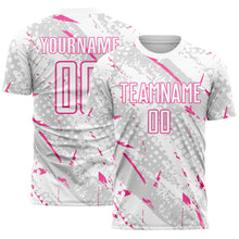 Laden Sie das Bild in den Galerie-Viewer, Custom White Pink-Gray Brush Stroke Slashes And Dot Grid Sublimation Soccer Uniform Jersey