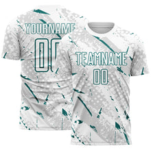 Laden Sie das Bild in den Galerie-Viewer, Custom White Teal-Gray Brush Stroke Slashes And Dot Grid Sublimation Soccer Uniform Jersey