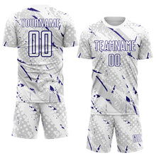 Laden Sie das Bild in den Galerie-Viewer, Custom White Dark Purple-Gray Brush Stroke Slashes And Dot Grid Sublimation Soccer Uniform Jersey