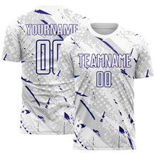 Laden Sie das Bild in den Galerie-Viewer, Custom White Dark Purple-Gray Brush Stroke Slashes And Dot Grid Sublimation Soccer Uniform Jersey