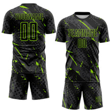 Загрузить изображение в средство просмотра галереи, Custom Black Neon Green-Gray Brush Stroke Slashes And Dot Grid Sublimation Soccer Uniform Jersey