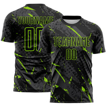 Загрузить изображение в средство просмотра галереи, Custom Black Neon Green-Gray Brush Stroke Slashes And Dot Grid Sublimation Soccer Uniform Jersey