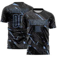 Laden Sie das Bild in den Galerie-Viewer, Custom Black Light Blue-Gray Brush Stroke Slashes And Dot Grid Sublimation Soccer Uniform Jersey