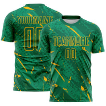 Laden Sie das Bild in den Galerie-Viewer, Custom Kelly Green-Gold Brush Stroke Slashes And Dot Grid Sublimation Soccer Uniform Jersey