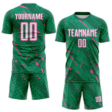 Laden Sie das Bild in den Galerie-Viewer, Custom Kelly Green White-Pink Brush Stroke Slashes And Dot Grid Sublimation Soccer Uniform Jersey