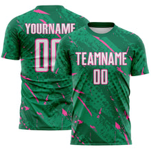 Laden Sie das Bild in den Galerie-Viewer, Custom Kelly Green White-Pink Brush Stroke Slashes And Dot Grid Sublimation Soccer Uniform Jersey