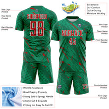 Laden Sie das Bild in den Galerie-Viewer, Custom Kelly Green Red-White Brush Stroke Slashes And Dot Grid Sublimation Soccer Uniform Jersey