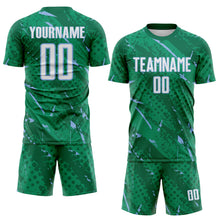 Загрузить изображение в средство просмотра галереи, Custom Kelly Green White-Light Blue Brush Stroke Slashes And Dot Grid Sublimation Soccer Uniform Jersey