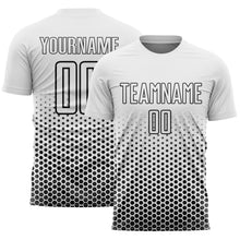 Загрузить изображение в средство просмотра галереи, Custom White-Black Geometric Hexagonal Dot Gradient Sublimation Soccer Uniform Jersey
