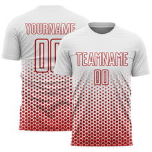 Laden Sie das Bild in den Galerie-Viewer, Custom White-Red Geometric Hexagonal Dot Gradient Sublimation Soccer Uniform Jersey